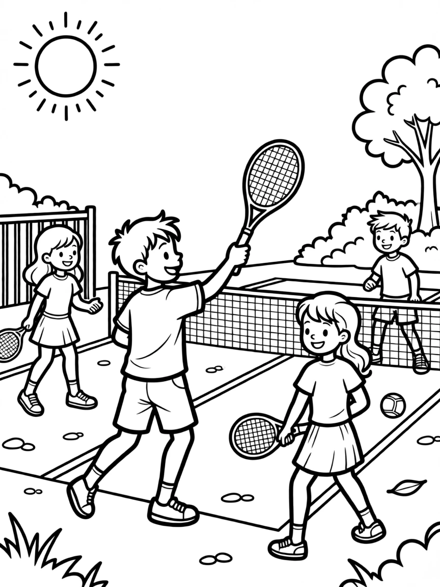 A group of classmates, hitting a clear shot deep to the back of the court during a sunny match.