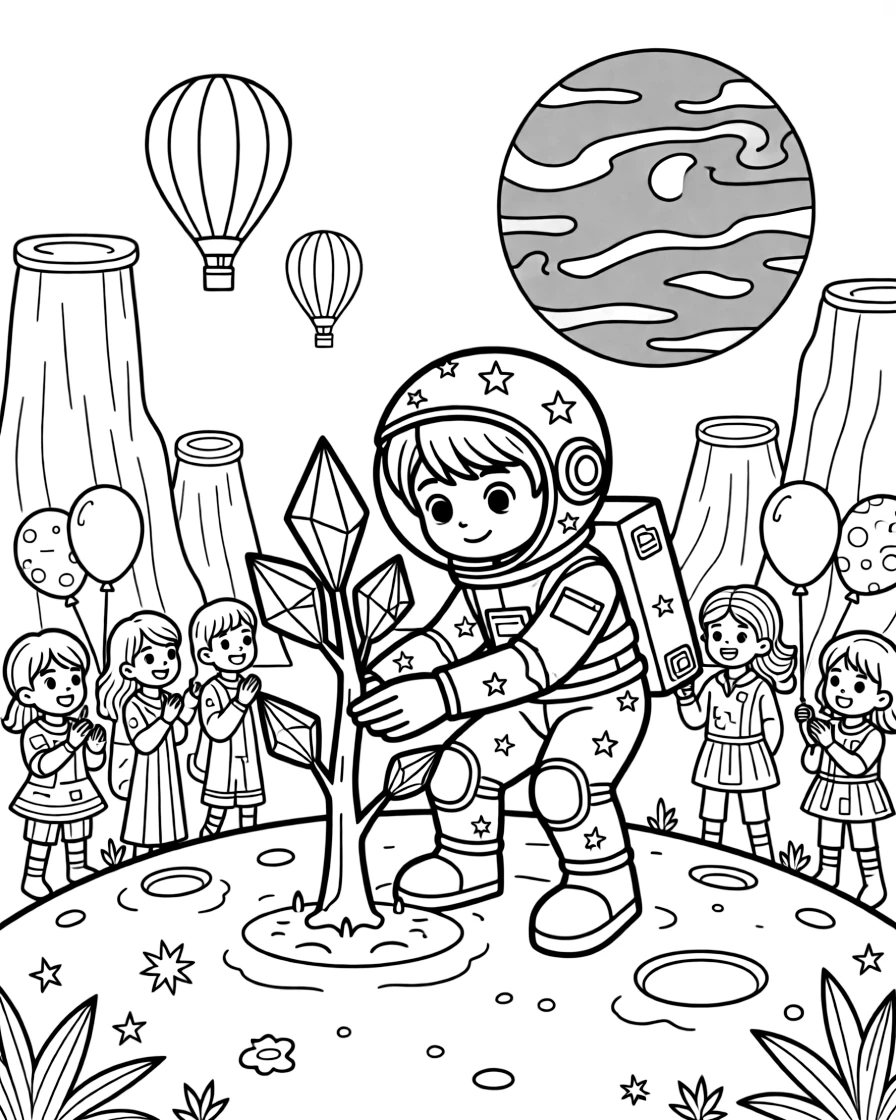 Cadet Pixel, a young space explorer in a starry spacesuit helping plant a forest of crystal trees on a rocky moon near a red desert planet with towering rock canyons, surrounded by a cheerful crowd gathered for a festival and colorful hot-air balloons drifting overhead.