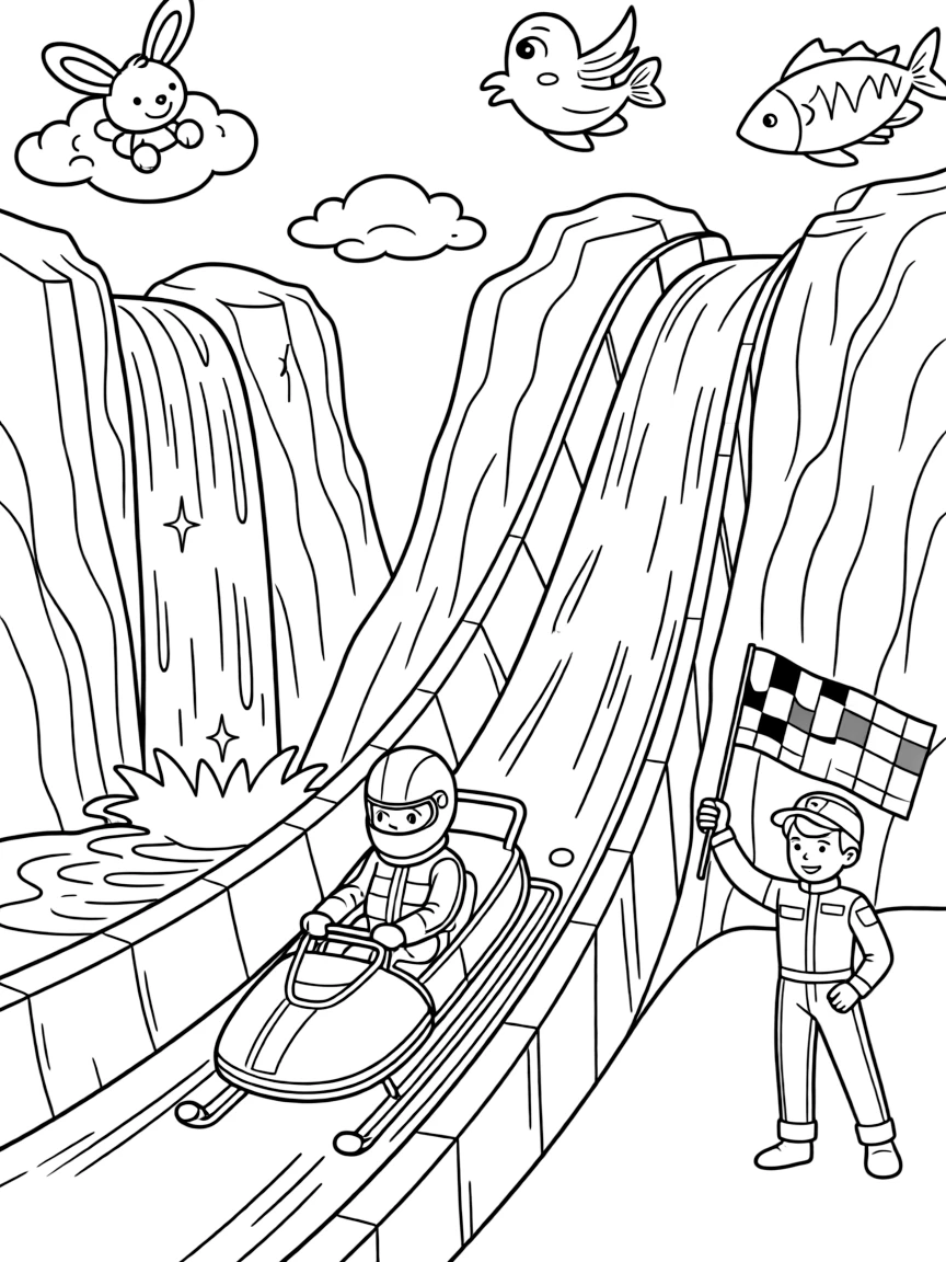 A luge sled racing feet-first down an icy chute takes center stage in a national park with towering waterfalls and rocky cliffs, where a race car driver holding up a checkered flag can be seen nearby, surrounded by fluffy clouds shaped like animals drifting overhead.