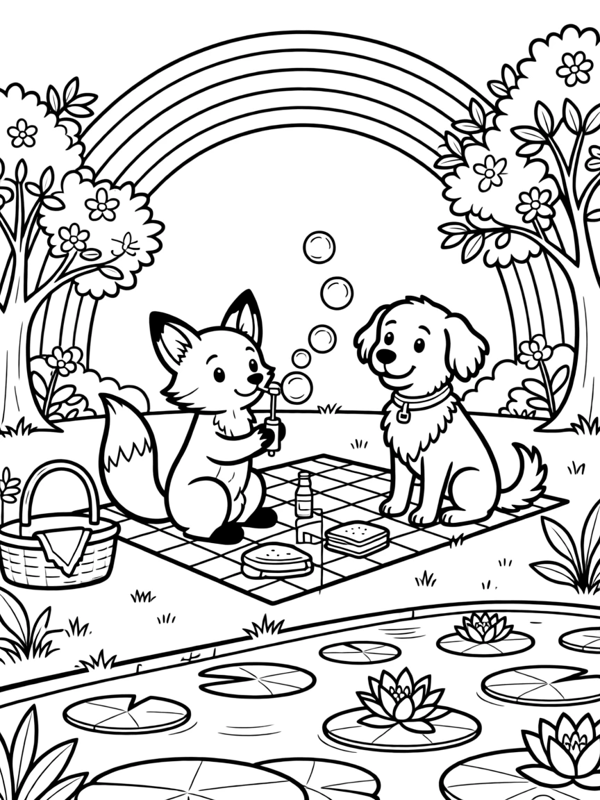 A tiny fox kit at a picnic in the park, blowing bubbles with a sheepdog, next to a water lily pond, while a rainbow arches overhead.