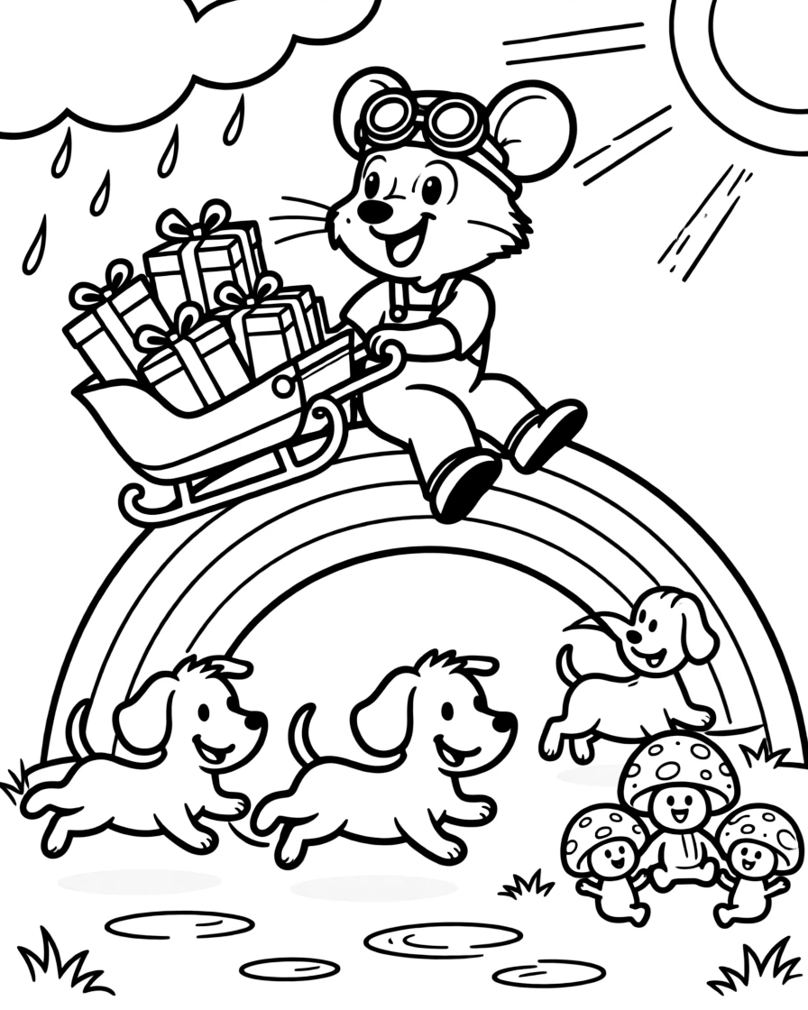 A wide-eyed rat inventor is delivering presents from an overflowing sleigh on top of a rainbow after a summer rainstorm, joined by three bouncing puppies chasing their tails and a cluster of giggling mushroom sprites. Warm smiles and happy cheers fill the scene.
