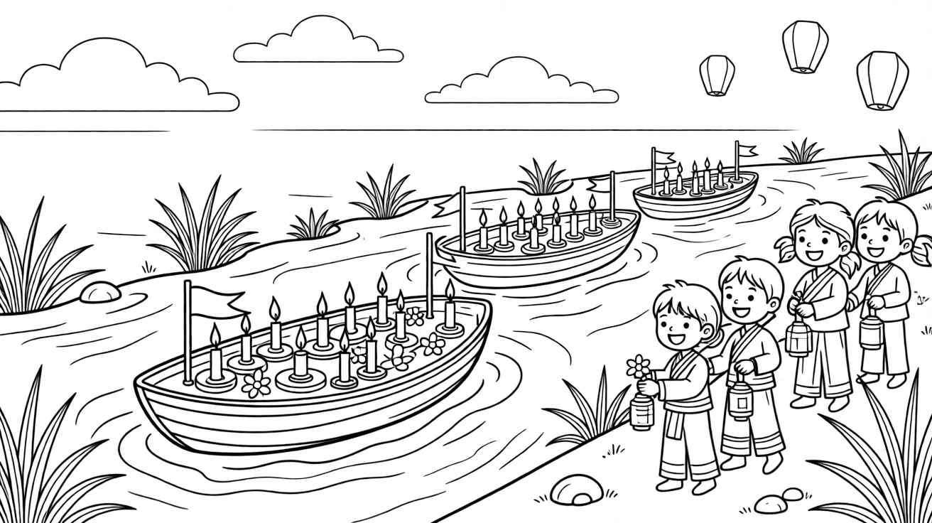 A coloring page showing candlelit boats floating down the river during the Boun Awk Phansa festival in Laos, admired by a group of delighted children gathered close by.