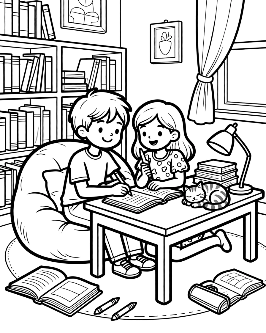 a giggling pair of best friends sits in a library corner with a beanbag chair and writes a short story in a notebook while a curious cat naps on the desk.