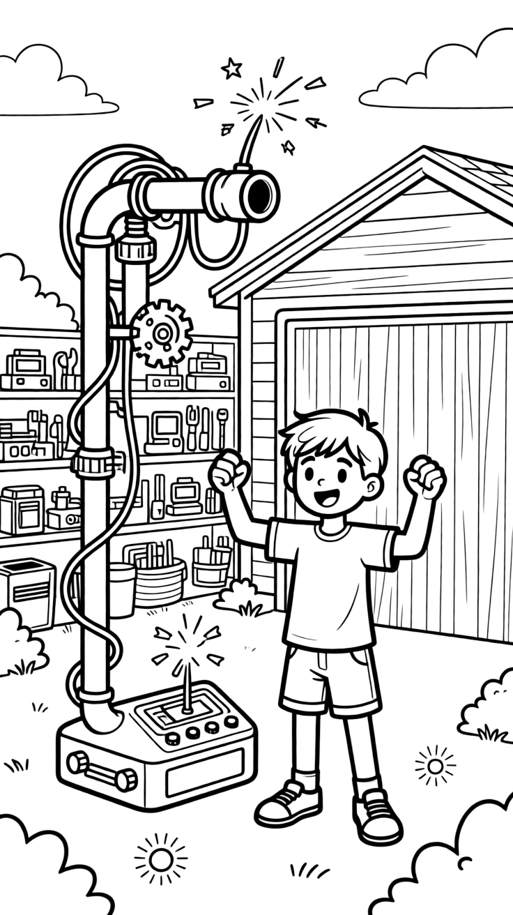[Imaginative Inventions] A dynamic scene shows a young inventor with a wild contraption testing a brand-new invention in the backyard inside a garage full of gadgets, cheering with both fists raised. Close by, sparks fly gently from a control panel. Wires and bolts decorate the contraption. The moment unfolds during a bright summer day, with fireflies beginning to glow, filled with energetic detail perfect for a young colorist.
