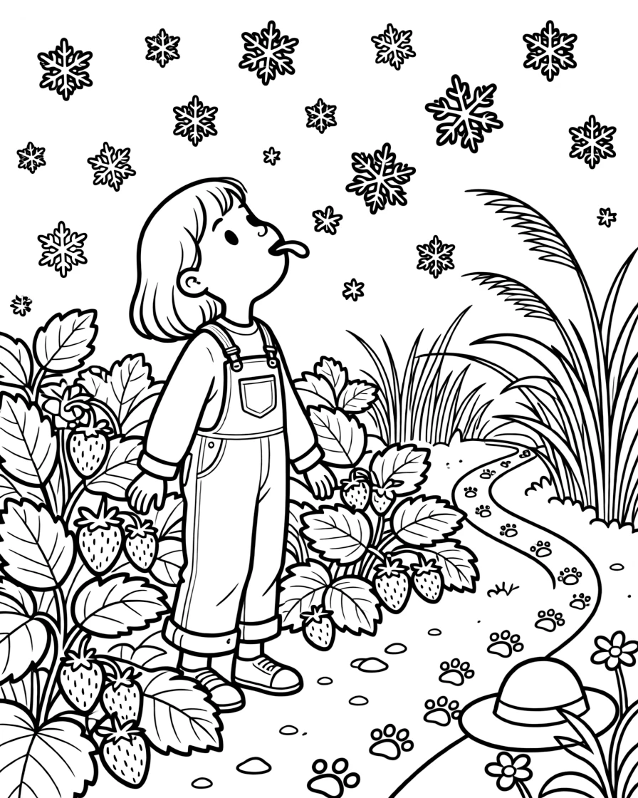 A curious girl in denim overalls is catching snowflakes on an outstretched tongue at a strawberry patch ready for picking. In the background, a gentle breeze rippling through tall grass and a trail of tiny paw prints leading away add a playful, cheerful touch.