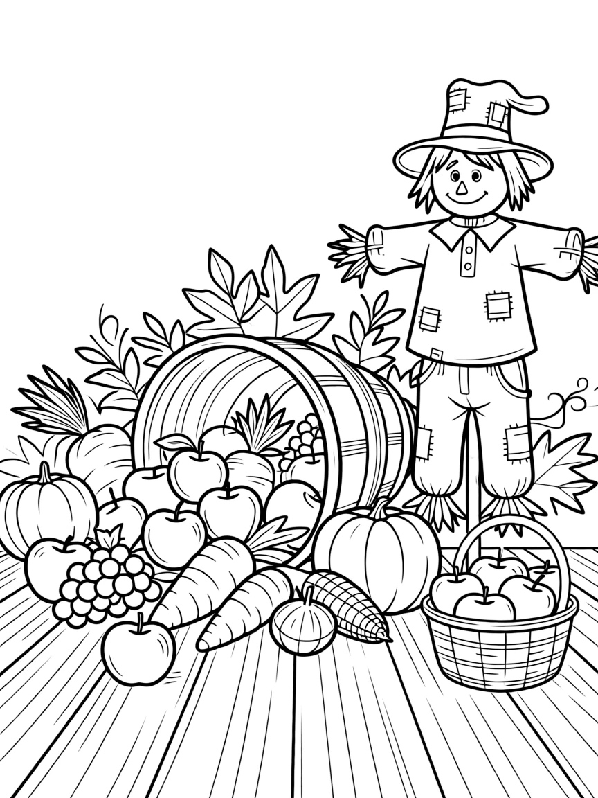 A close-up of a cornucopia spilling with fruits and vegetables on a porch decorated with gourds and dried corn husks, surrounded by a scarecrow with a patched hat and a basket of freshly picked apples.
