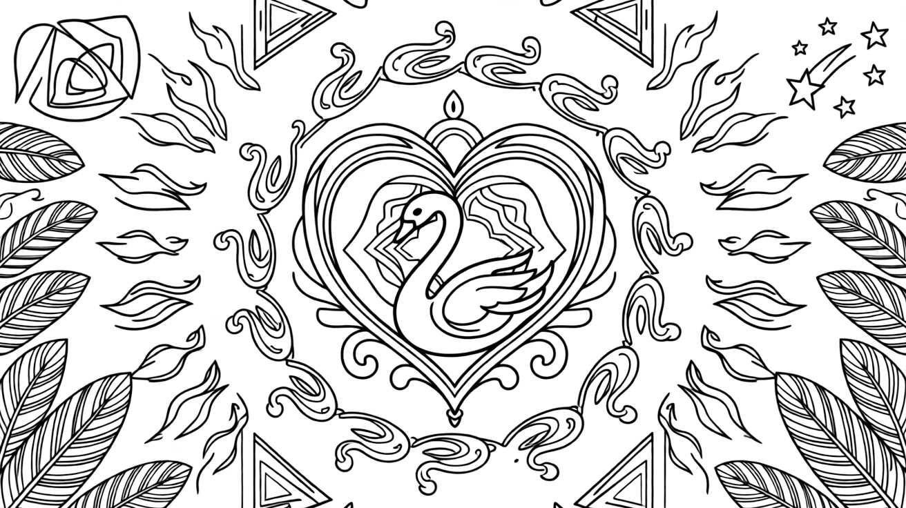Birds: The design turns a swan with an elegantly curved neck into a kaleidoscope-style composition anchored by a heart-shaped mandala framed by soft curling loops. The imagery is arranged in a spinning ring of repeated segments, each one a slightly rotated twin of its neighbor. Decorative details fill the surrounding space, including flame-shaped tips curling upward, nested triangle shapes, and fanned feather plumes woven throughout the background. A playful extra touch completes the page: a small cluster of shooting stars tucked into one corner.