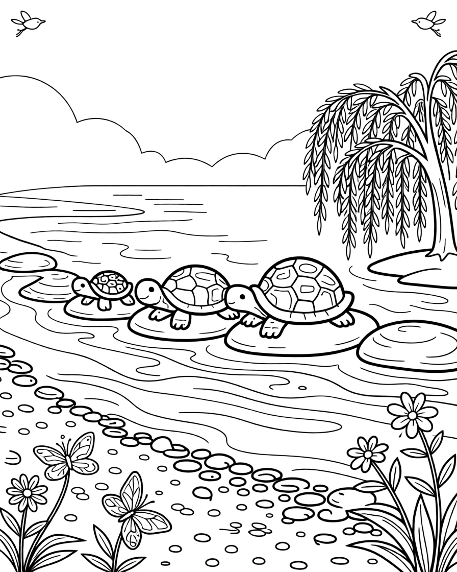 [River Adventures] A family of turtles suns themselves on a row of flat stones poking out of the current. Butterflies flutter along the bank where wildflowers grow between smooth river stones. Willow trees dip their branches into the water beside a sandy bank scattered with pebbles. Soft morning mist rises off the river as the first birds begin to sing.