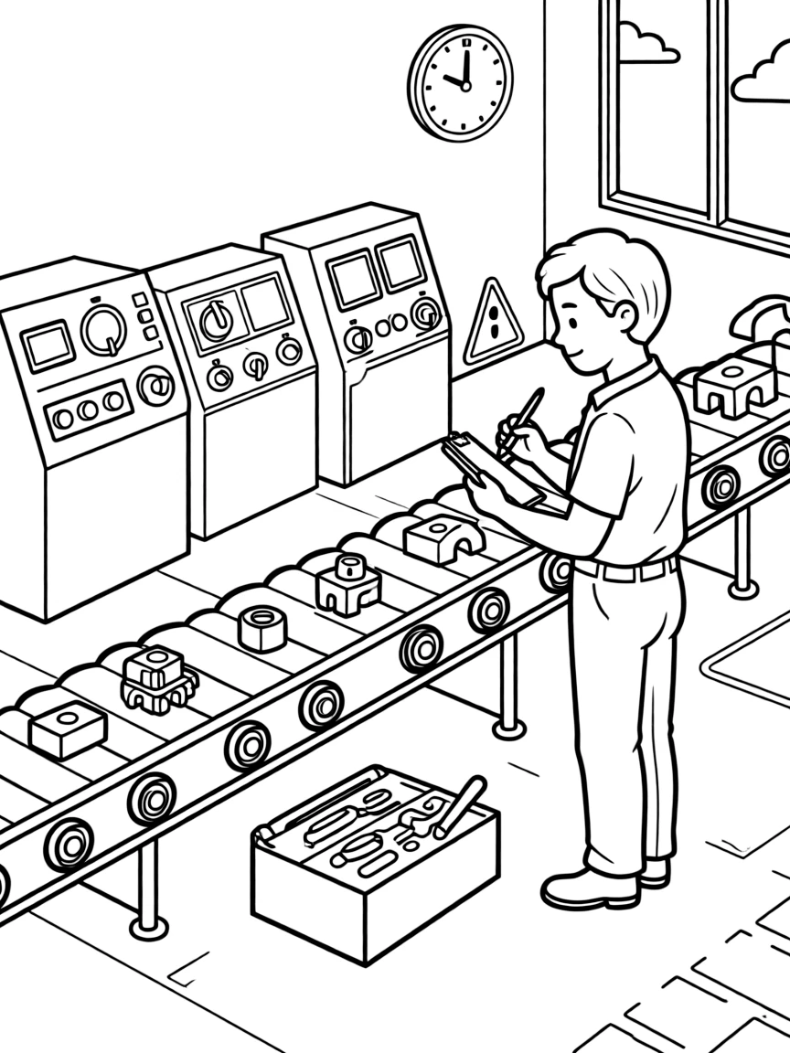 An industrial engineer studies a factory conveyor belt moving toy parts along a line.