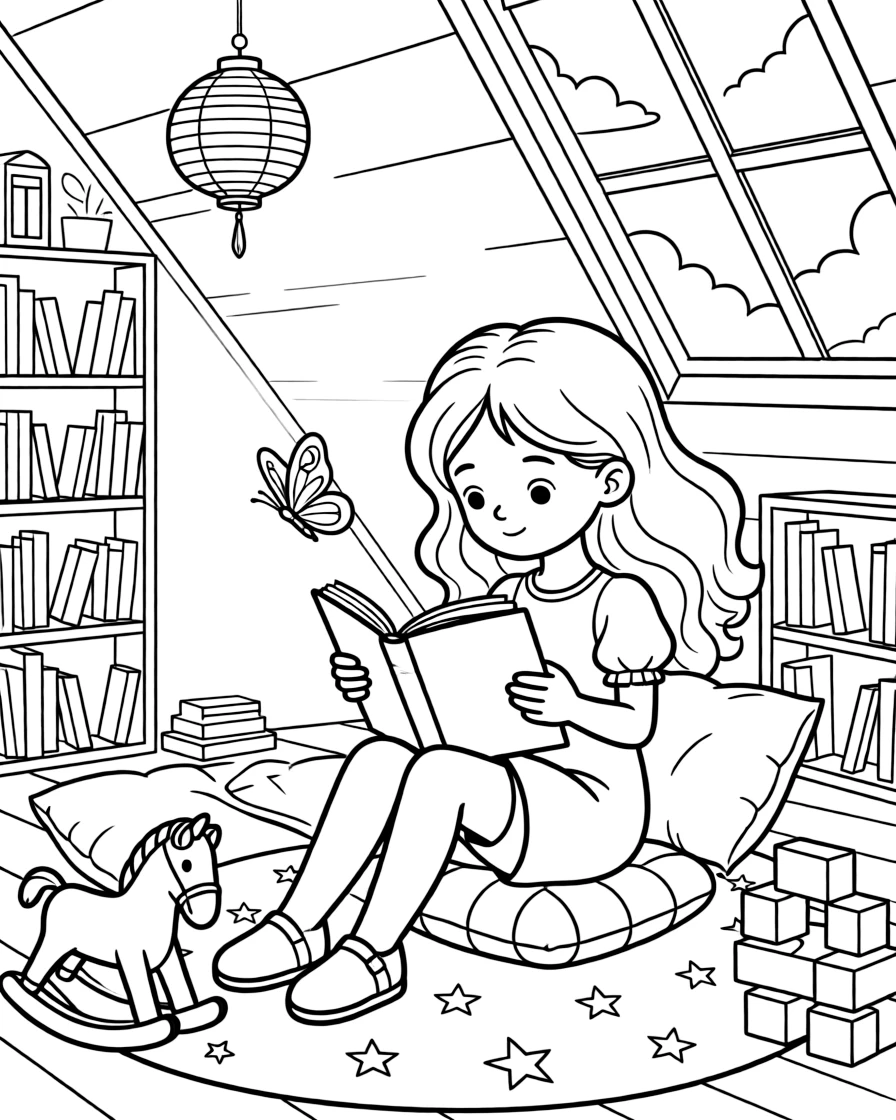A dreamy-eyed girl reading a big storybook alone in an attic playroom, deeply focused, while a butterfly visits nearby.