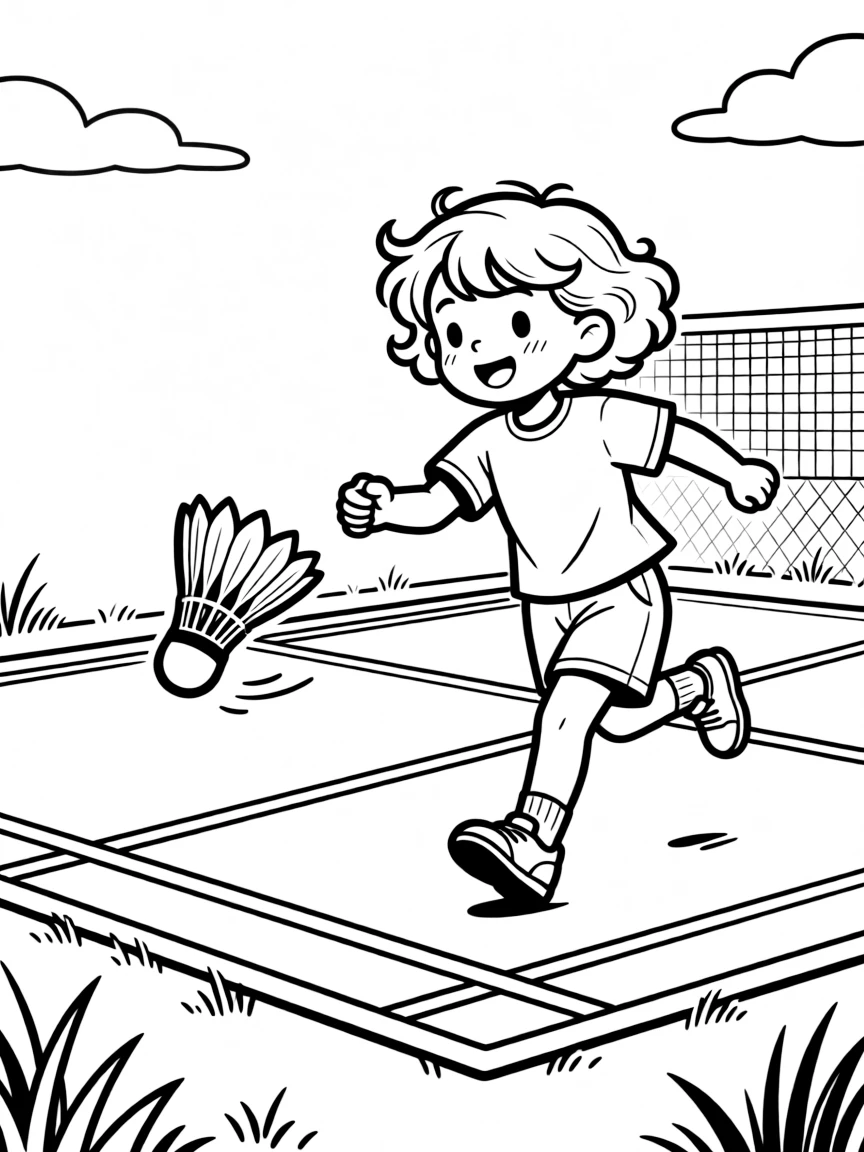 A little girl with curly hair, chasing a shuttlecock that drifted just outside the court's painted lines.