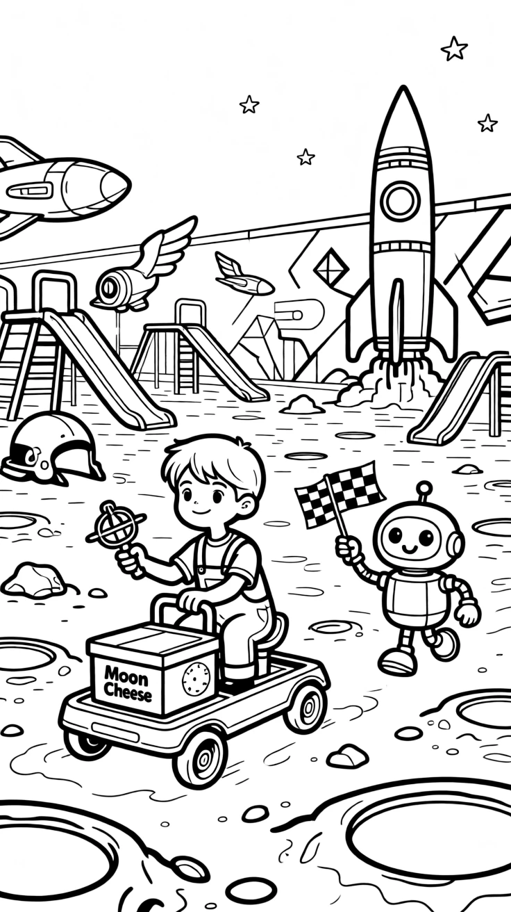 Inventor kid Cinder testing a gravity-flip gadget escorting a shipment of moon cheese across a crater field, in a starship graveyard turned into a playground for young explorers, with a mural of a rocket ship painted on a nearby wall and a friendly robot waving a checkered flag nearby.