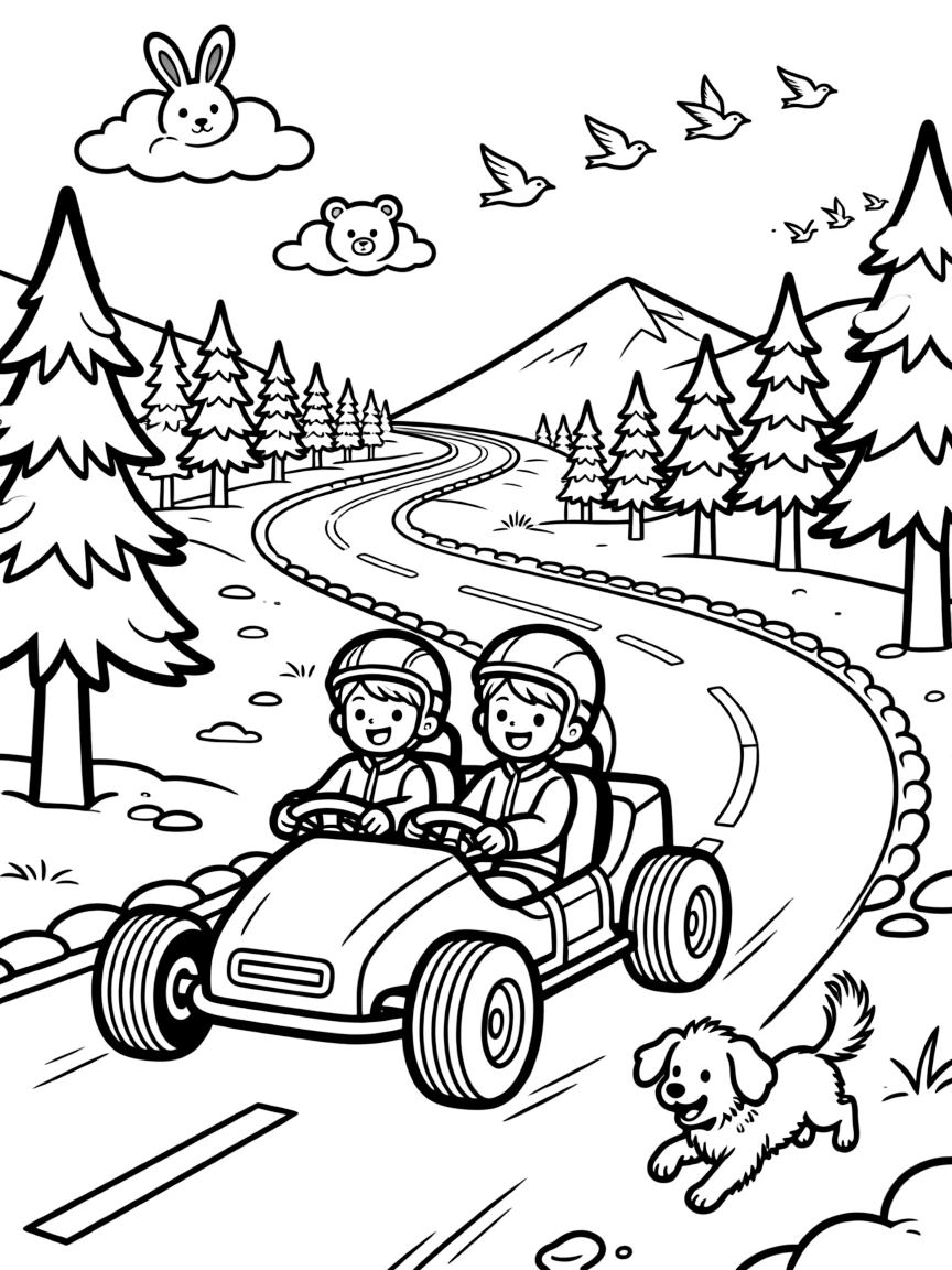 A coloring page featuring a two-seat go-kart zooming around a curvy track, traveling through a snowy mountain pass with pine trees dusted in white, with an excited puppy chasing along the road and fluffy clouds shaped like animals drifting overhead and a flock of birds flying alongside in formation filling the scene.