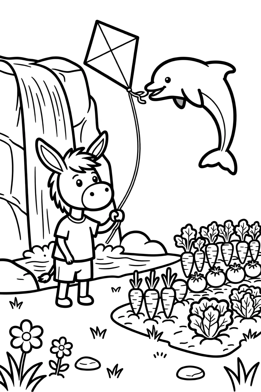 A donkey near a waterfall, flying a kite with a dolphin, next to a vegetable garden.
