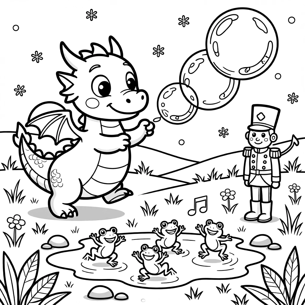 A round winter frost dragon is chasing a trail of giant soap bubbles in a meadow during the first snowfall of winter, joined by a wind-up toy soldier standing at attention and a puddle full of jumping frogs. Giggles echo happily through the whole valley.