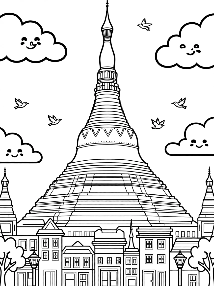A coloring page celebrating Myanmar featuring the golden Shwedagon Pagoda glowing above a city skyline, with a few small birds in the sky and friendly clouds nearby.