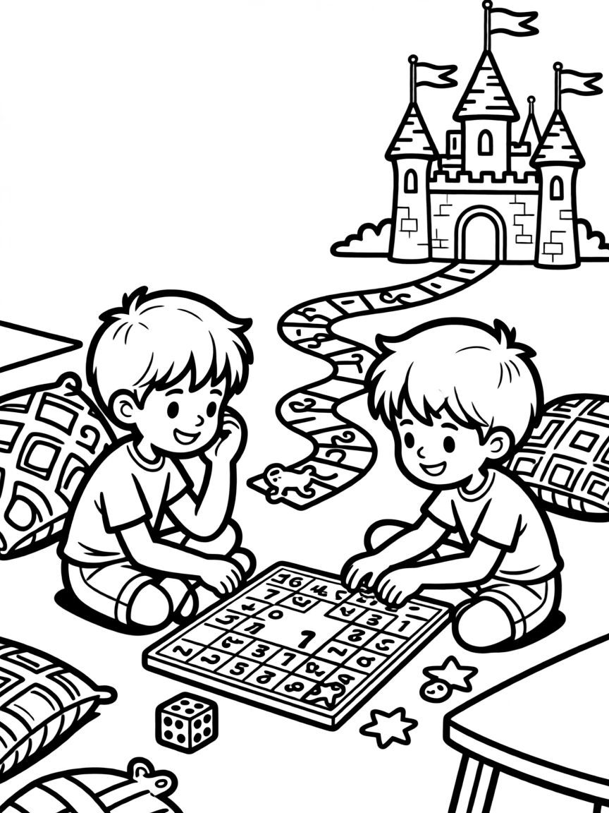 gentle twin brothers play a board game with dice, counting spaces to reach a castle at the finish.