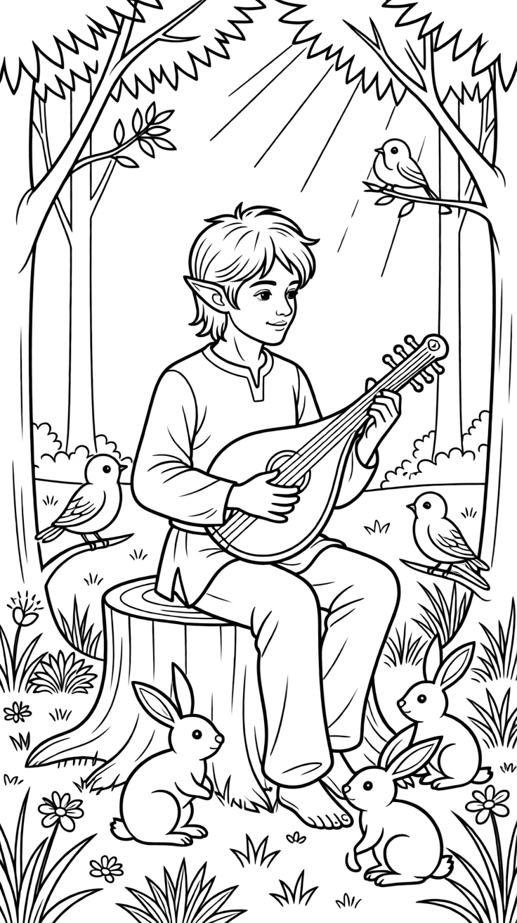 A wandering minstrel elf plays a lute made from a hollowed gourd, birds and rabbits gathering to listen in a sunlit glade.
