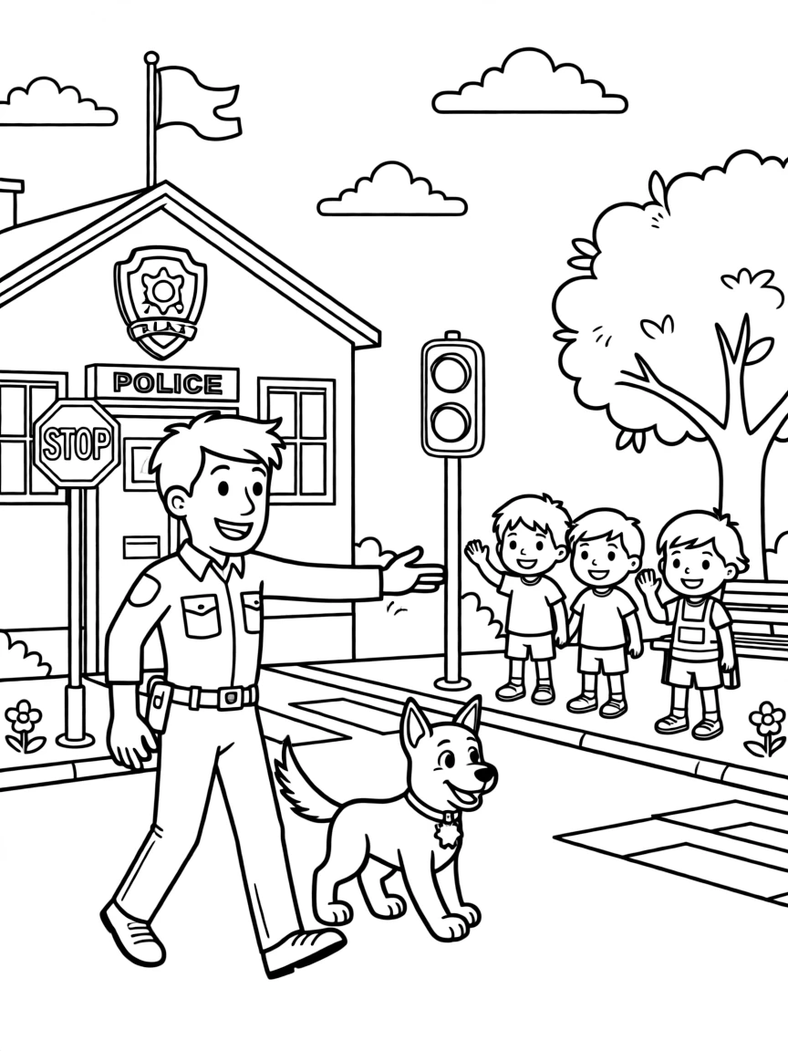 [Police Officers] A dynamic scene shows a police officer directing traffic walking alongside a police dog outside a police station, looking determined and brave. Close by, children wave from the sidewalk. A badge shines on the uniform. The moment unfolds at high noon, under clear blue skies, filled with energetic detail perfect for a young colorist.