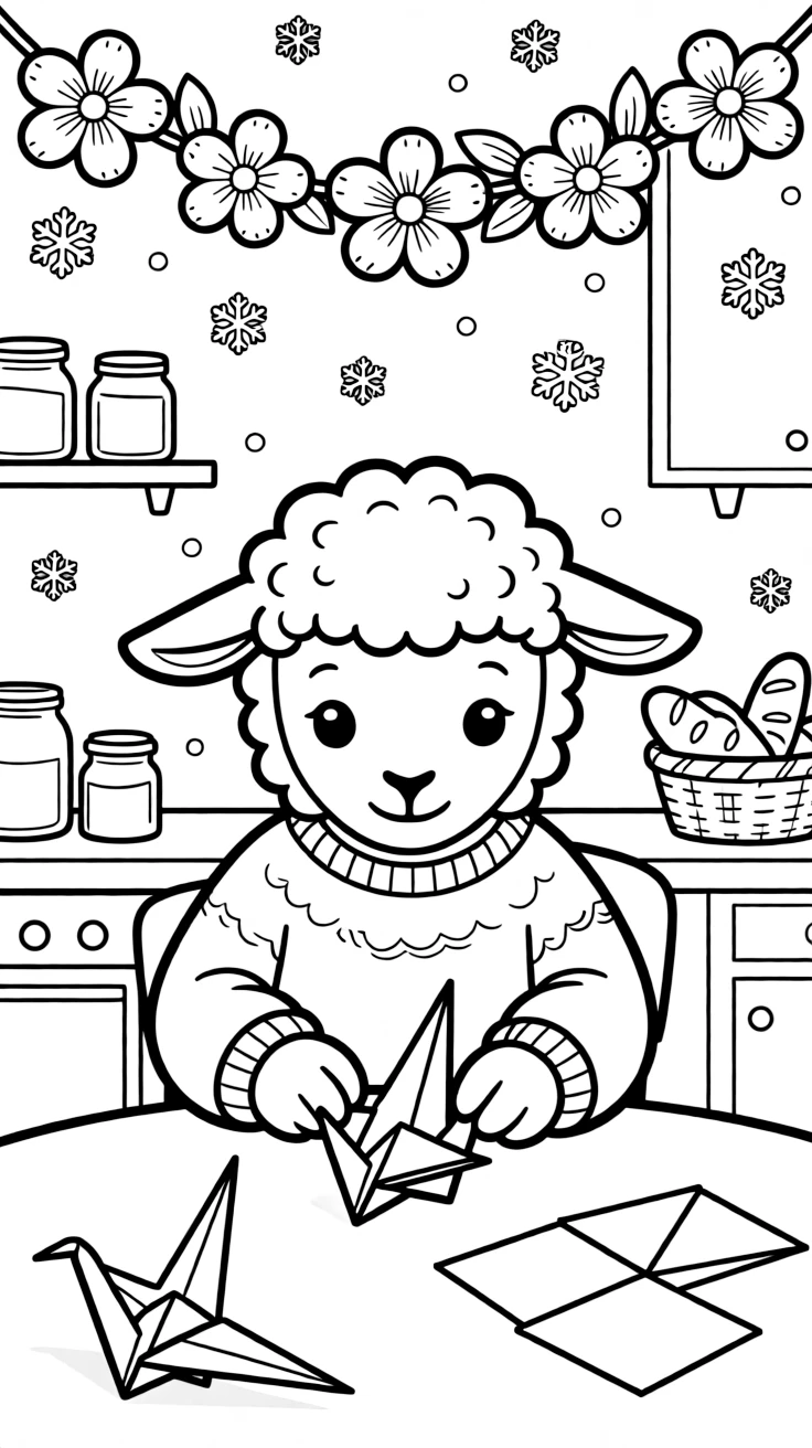 A woolly little lamb is folding an origami crane in a cozy kitchen filled with the smell of fresh bread. In the background, a garland of paper flowers strung overhead and gently falling snowflakes fill the page with charm.