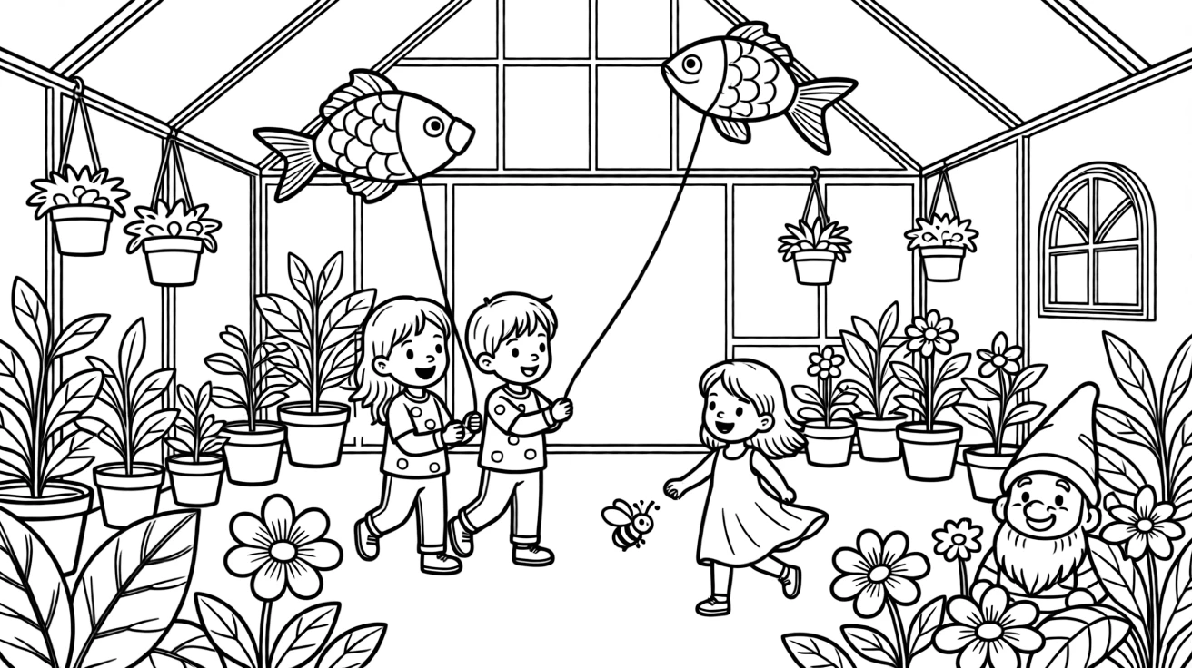Children flying kites shaped like fish in a greenhouse filled with budding plants, with a joyful little girl playing close by amid a bee buzzing near a blossom and a garden gnome peeking from the flowers.