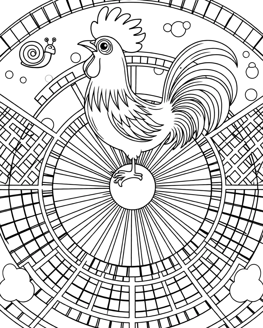 Birds: The main subject is a rooster crowing with a tall feathered comb, drawn as the focal point of a wheel-spoke mandala radiating from a round hub. It is positioned in the middle of the page so the design radiates outward evenly in every direction. Decorative details fill the surrounding space, including rows of small square tiles, a grid of lattice diamonds, and clusters of round bubbles woven throughout the background. A playful extra touch completes the page: a little snail resting quietly on one of the larger shapes.