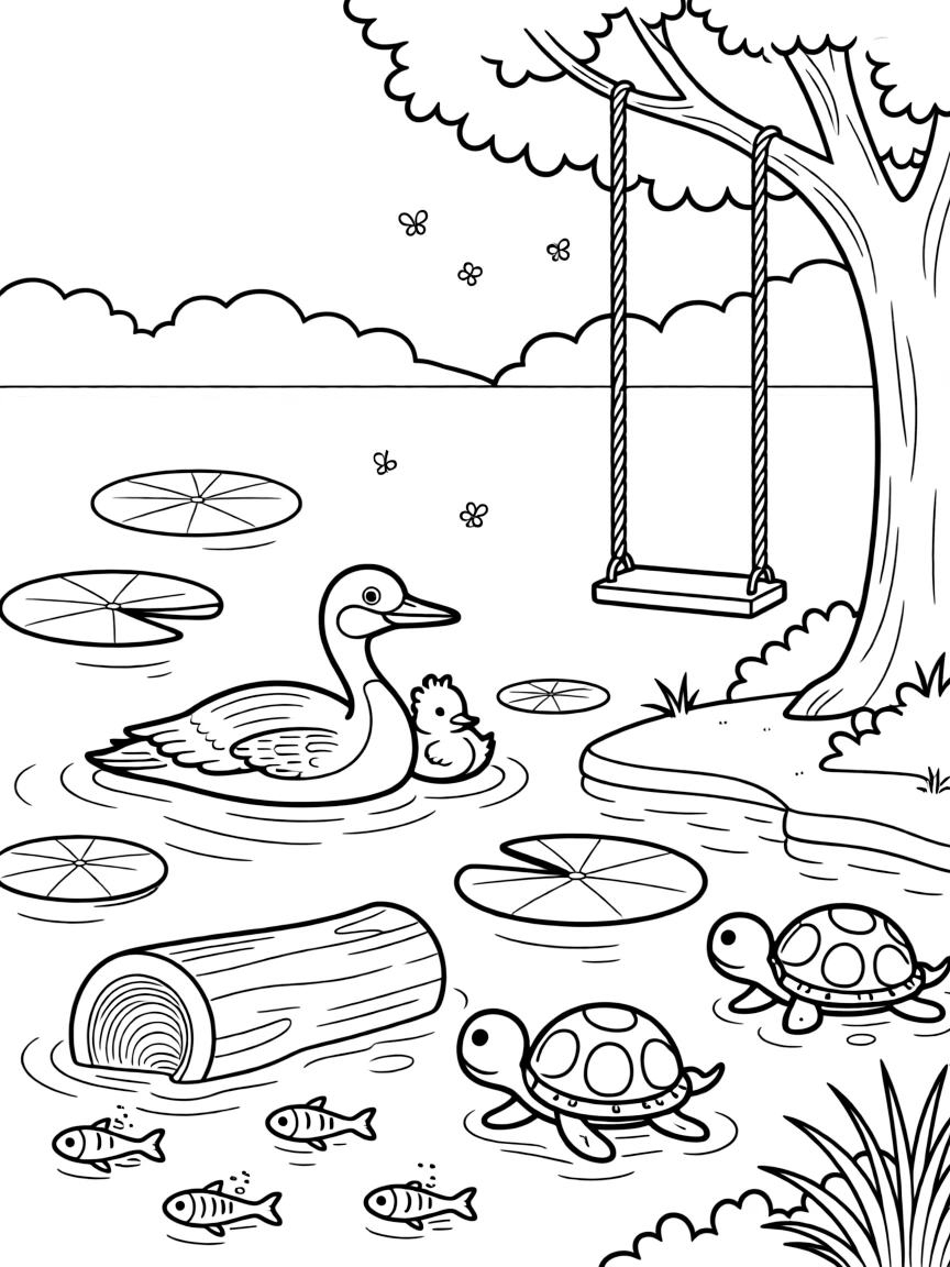 [Lakeside] A loon and her chick float peacefully near a patch of lily pads on a quiet lake. Turtles bask on a half-submerged log while minnows dart through the shallows. A rope swing hangs from a tall tree overlooking a sandy patch of the lakeshore. Soft evening light settles over the water as fireflies begin to twinkle along the shore.