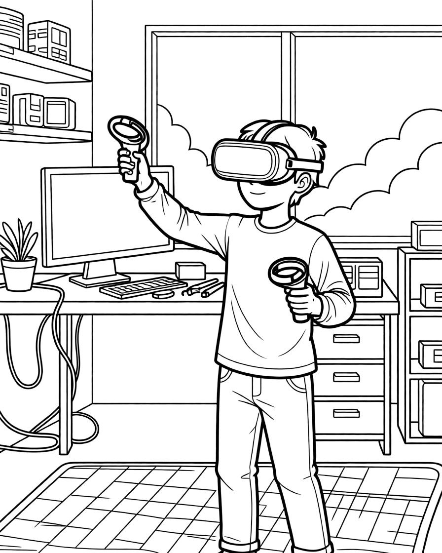 A virtual reality developer tests a headset while waving controllers in a lab.