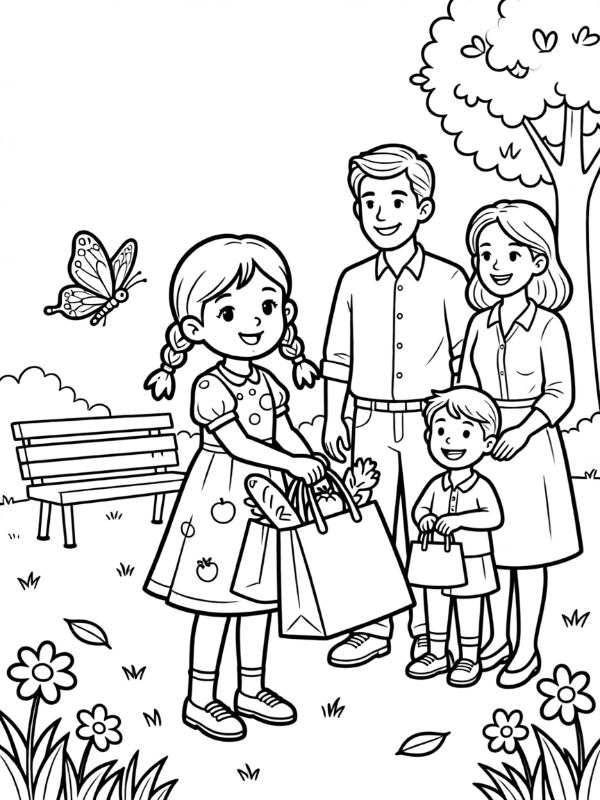 A girl with braids helping carry grocery bags with the whole family while a butterfly visits nearby.