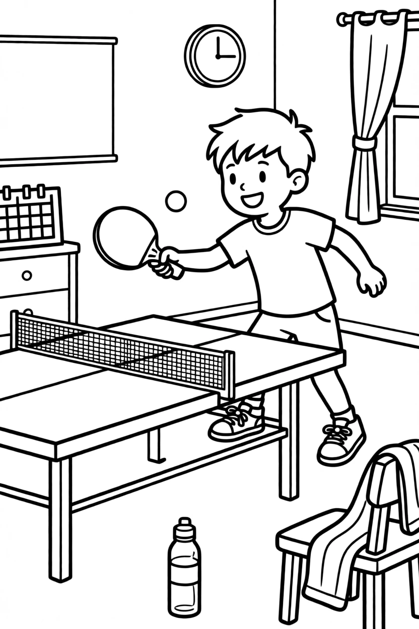 A cheerful young boy, smashing the ball across the table with a powerful forehand strike.