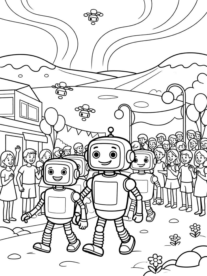 Rusty, a robot with spring-loaded feet leading a parade of friendly robots through a festival in the cyber city near a snow-covered tundra planet with auroras dancing overhead, surrounded by a cheerful crowd gathered for a festival and tiny drones buzzing around delivering packages.