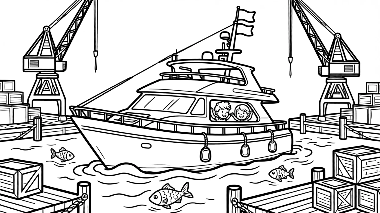 This coloring page shows a shiny white yacht with flags fluttering on its mast making its way across a busy harbor lined with docks, cranes, and stacked crates, accompanied by twin siblings pressing their faces to the window, while fish leaping playfully out of the water nearby adds extra charm to the scene.