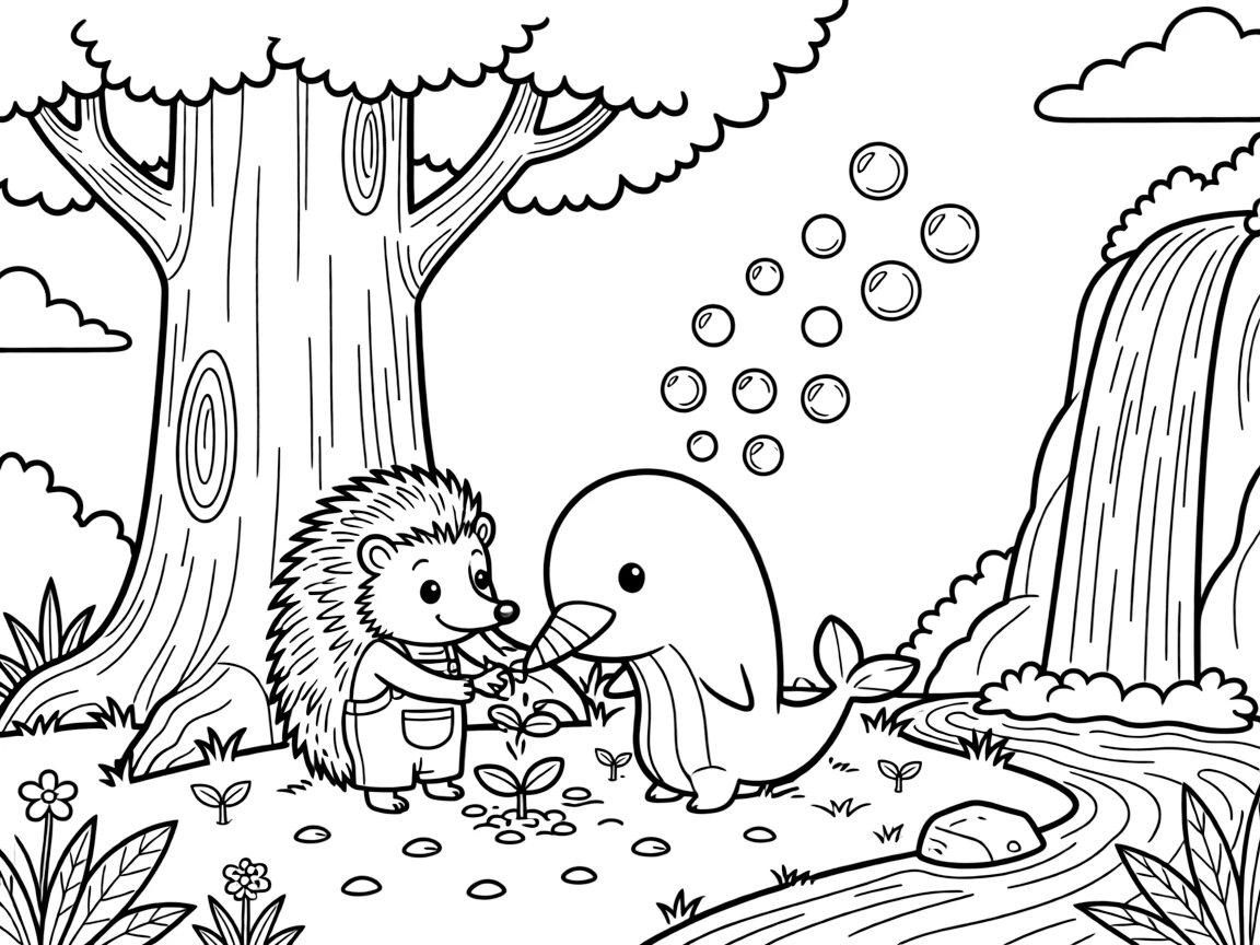 A hedgehog near a waterfall, planting seeds together with a narwhal, next to a giant redwood tree, as bubbles float up into the sky.