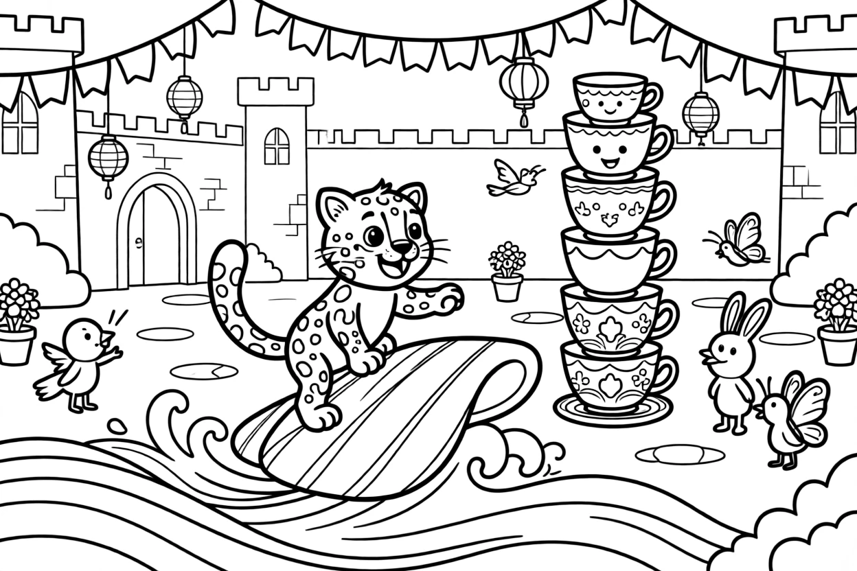 At a royal castle courtyard decorated for a festival, a silly snow leopard cub discovers the joy of riding a wave on a surfboard shaped like a shell, while a wobbly tower of stacked teacups watches happily nearby. Every creature nearby wants to join in the fun.