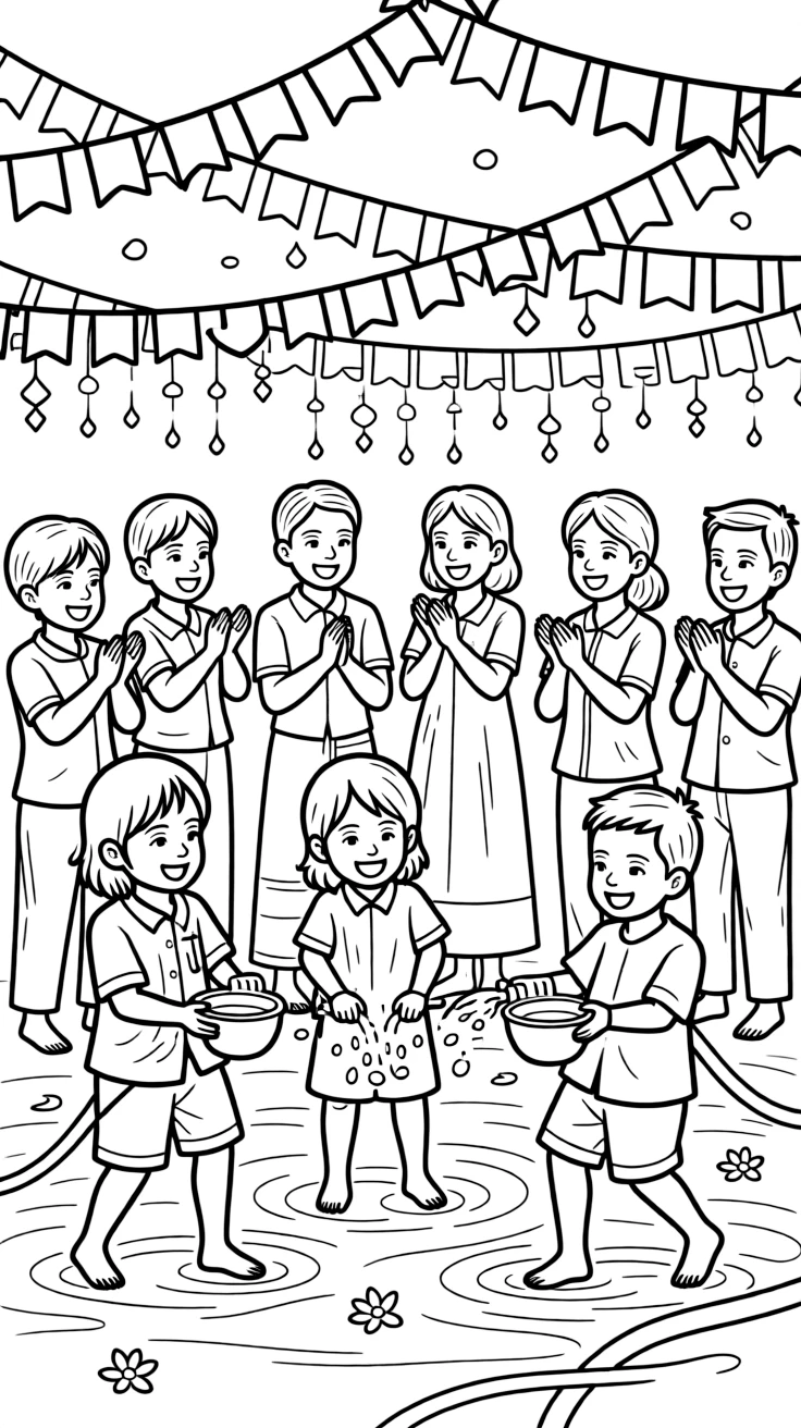 A coloring page showing a lively celebration in Myanmar with the Thingyan water festival with children splashing water from bowls and hoses, while families clap and cheer and colorful banners hang overhead.