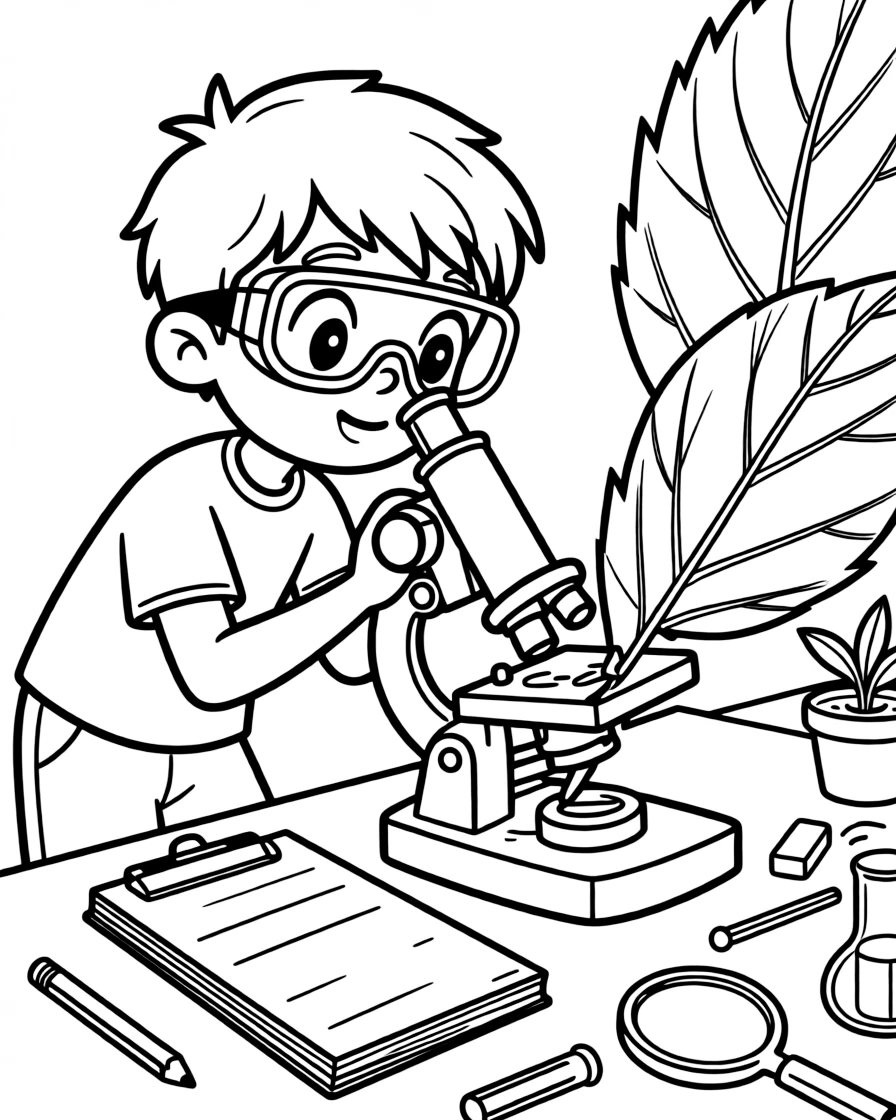 a mischievous little boy in safety goggles peers through a microscope at a magnified leaf, sketching what appears on a notepad.