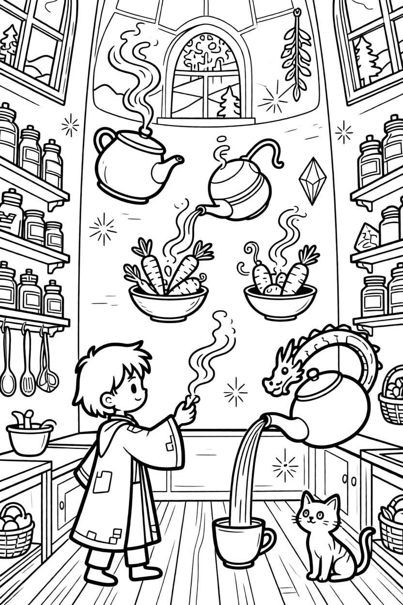 A wizard's tower kitchen has pots that stir themselves, vegetables that peel on command, and a teapot that pours without being touched.