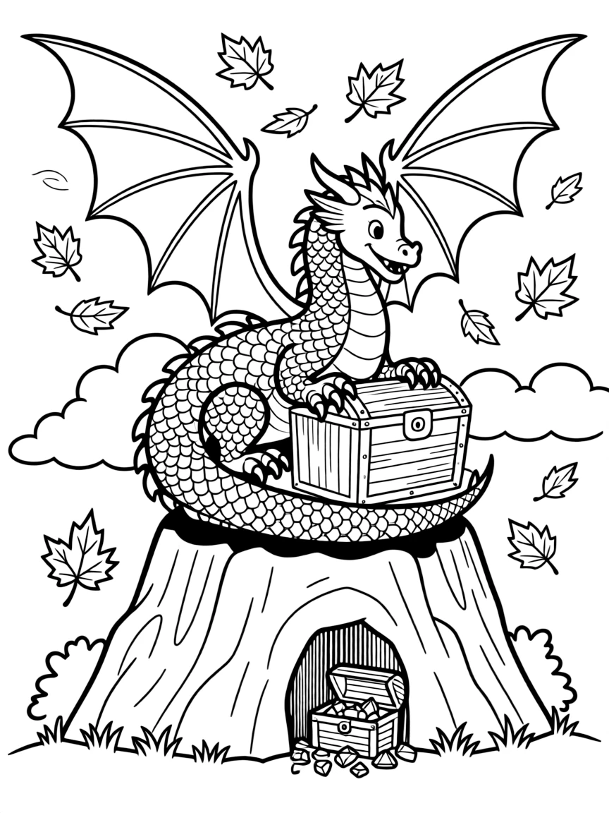 [Dragons] a majestic winged dragon curling around a treasure chest atop a cloud-covered peak, smiling proudly. Nearby, sparkling gems are scattered across the cave floor. Its wings cast a great shadow over the landscape. The scene is captured on a foggy morning, with autumn leaves swirling in the wind, giving the page a lively and adventurous feel that invites plenty of colorful detail.