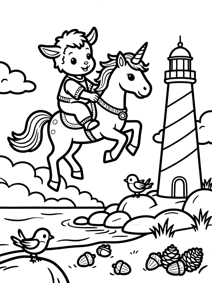 A bouncy baby goat is flying through fluffy clouds on a friendly unicorn beside a lighthouse on a rocky coast. Scattered nearby, friendly songbirds perched close by and a cluster of acorns and pinecones scattered about make the setting feel extra special.
