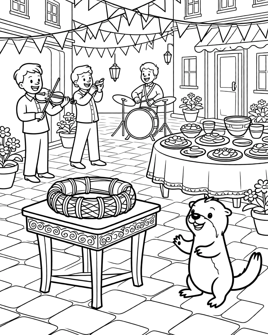 A decorated thread bracelet on a small table in a bustling town square strung with colorful banners, while a playful otter looks on nearby, musicians playing lively instruments and a table set with special holiday dishes completing the scene.