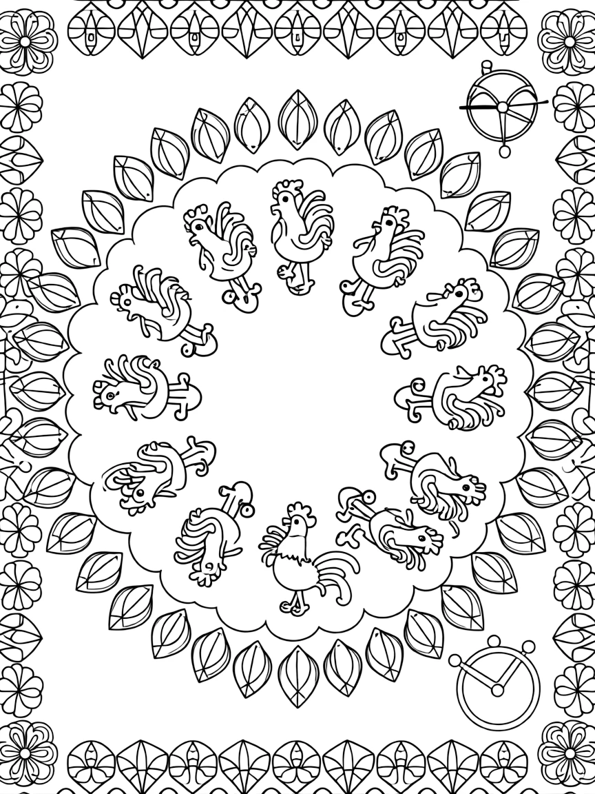 Birds: The page centers on a repeating motif of a rooster crowing with a tall feathered comb, built around a cloud-ring mandala made of puffy overlapping curves. The motif is repeated in a corner-to-corner border that circles the entire page, leaving a round open area in the middle. Decorative details fill the surrounding space, including rows of teardrop-shaped petals, angular crystal facets, and layered flower rosettes woven throughout the background. A playful extra touch completes the page: a tiny compass shape resting in one corner of the design.