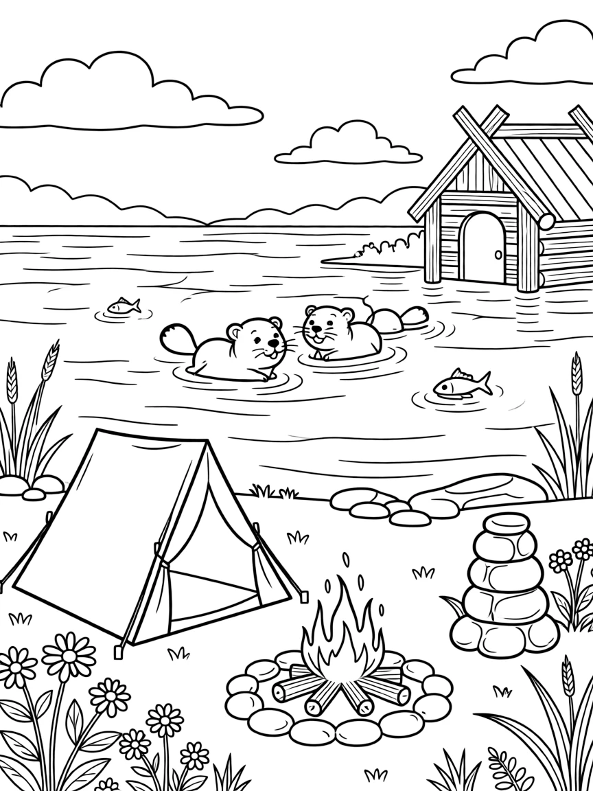 [Lakeside] A family camps beside a lake, their little tent pitched near a crackling campfire. A family of beavers swims toward their lodge as fish ripple the water nearby. Smooth stones are stacked in a little tower near the water's edge, beside a patch of wildflowers. A gentle breeze ripples the surface under a sky scattered with fluffy clouds.