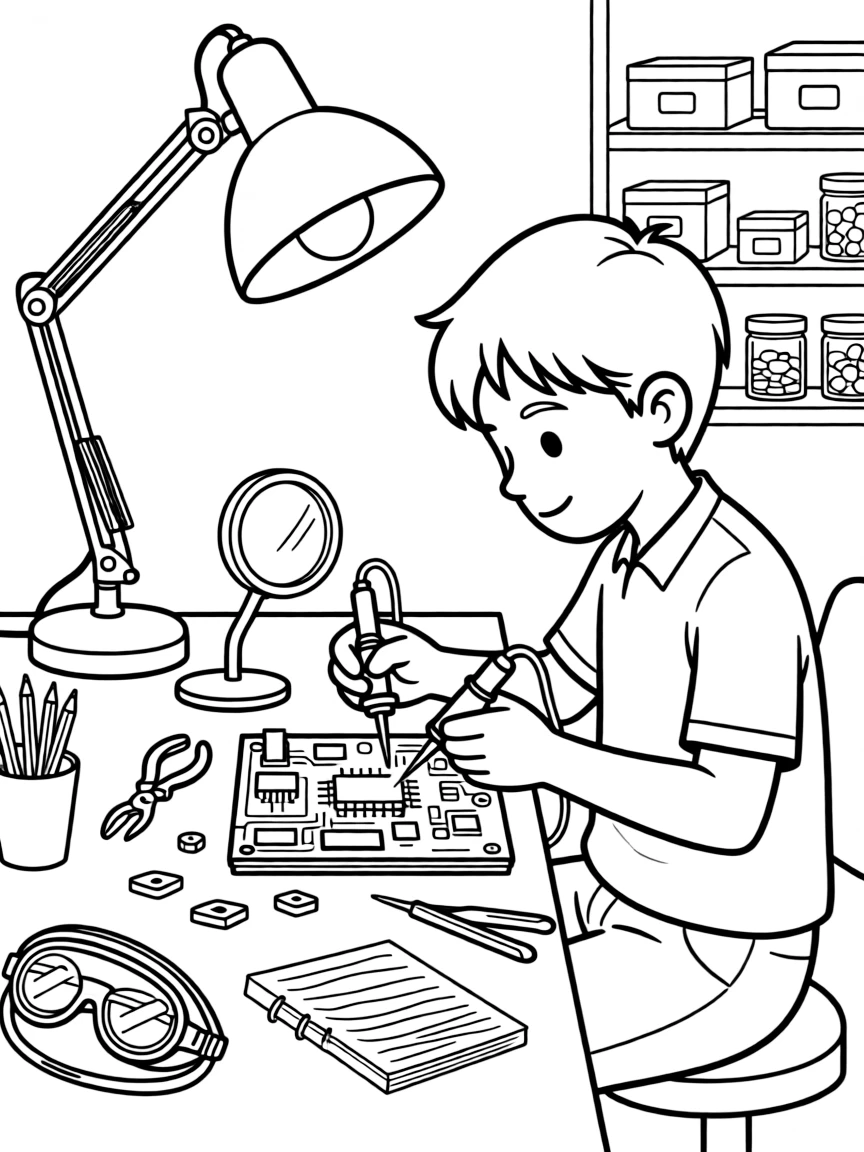 A hardware engineer solders tiny components onto a circuit board under a bright lamp.