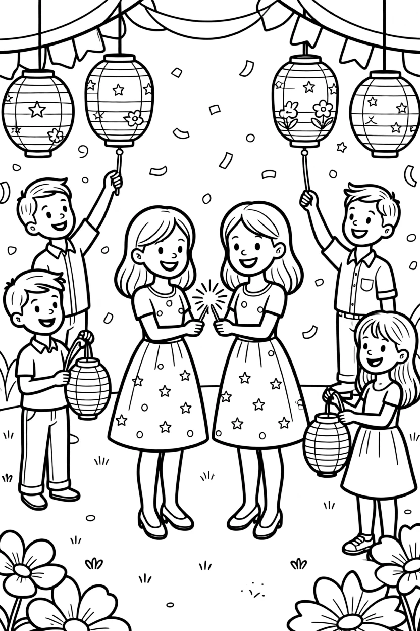 Twin sisters lighting a sparkler during a quinceanera dance with cousins of all ages with paper lanterns swaying gently.