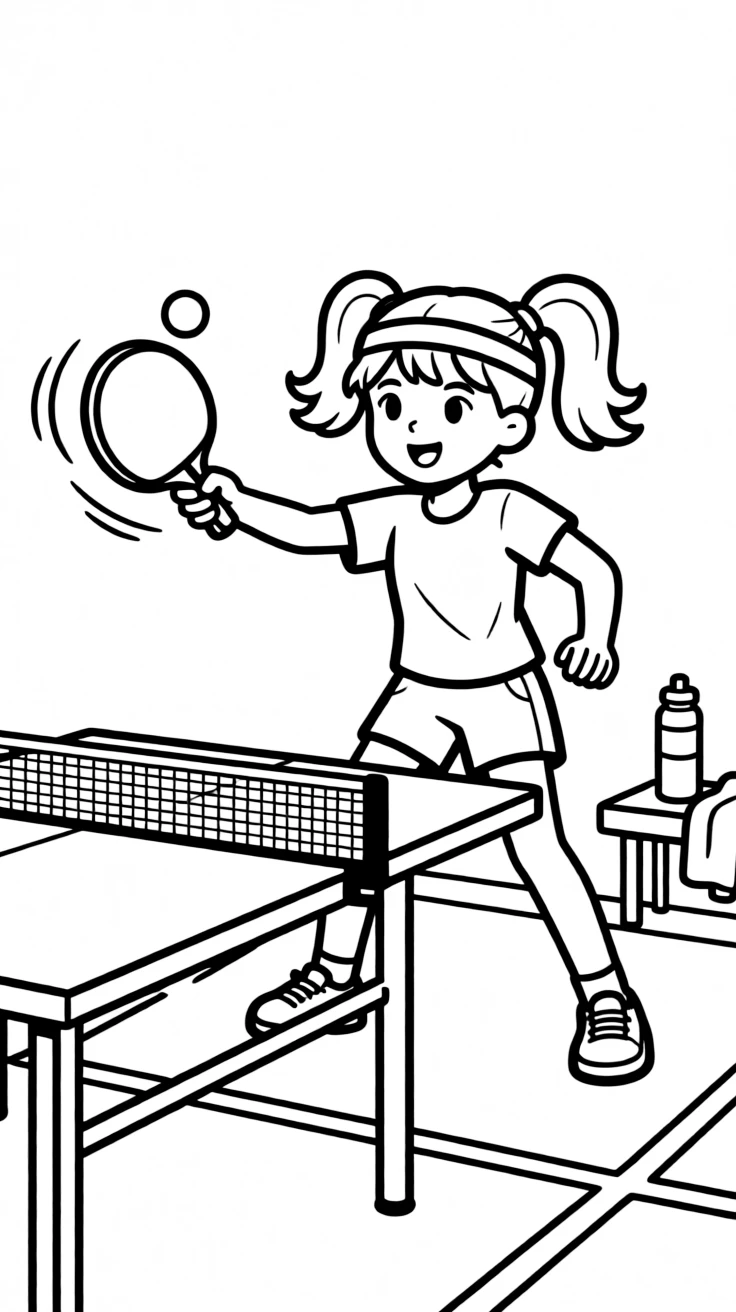 A determined girl with pigtails, returning a tricky spin serve with a quick paddle flick.