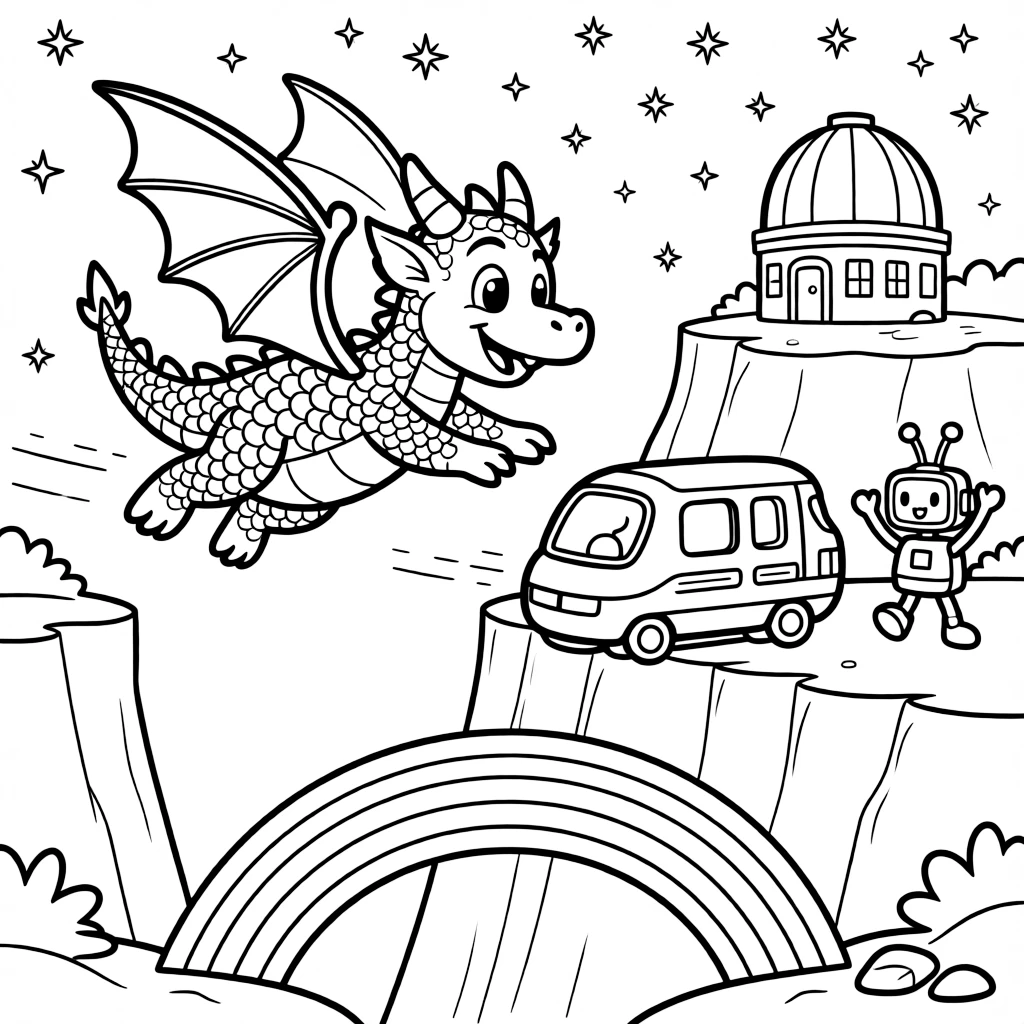 Nibbles, a friendly space dragon with soft scales racing to catch a runaway hover-train before it reaches the canyon in a quiet observatory perched on a mountaintop under a starry sky, as a small robot sidekick cheering and a rainbow bridge arching over a canyon fill the scene.