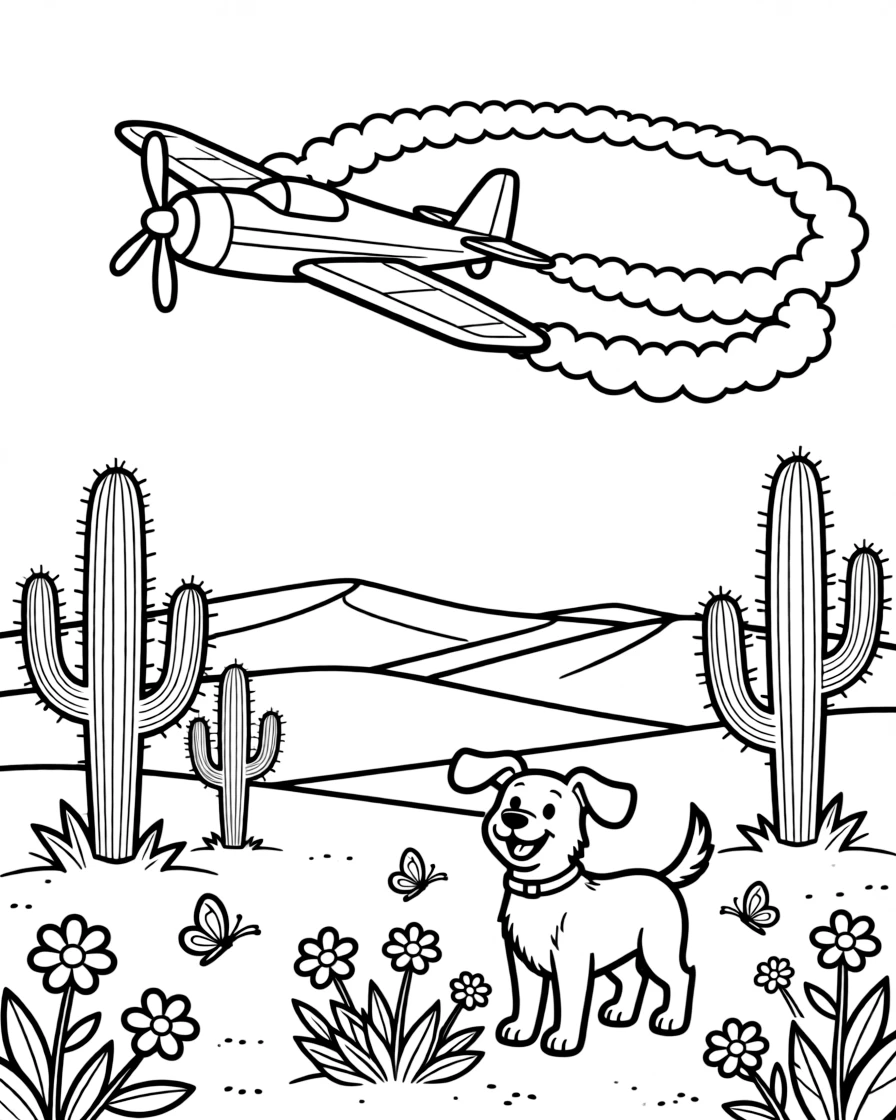 The scene captures a stunt plane trailing loops of colored smoke in the middle of a golden desert dotted with cacti and distant sand dunes, with a friendly dog with its ears flapping in the wind nearby and butterflies fluttering near a patch of wildflowers sprinkled around for extra fun.