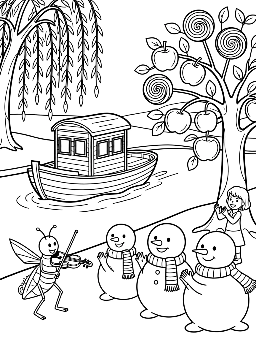 On a riverboat drifting past willow trees, a playful cricket violinist discovers the joy of picking apples from a tree that grows lollipops, while a group of snowmen wearing matching scarves watches happily nearby. Everyone claps and cheers at the happy sight.