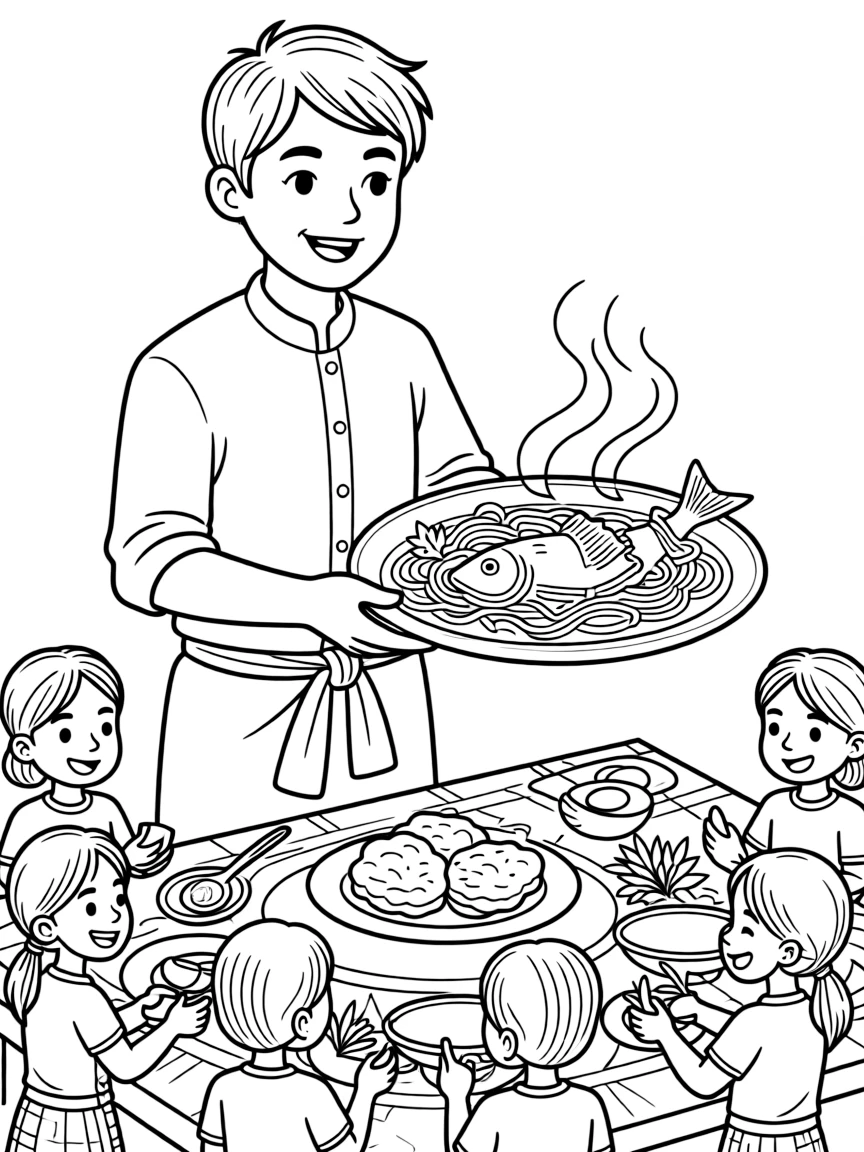 A coloring page of a happy cook in Myanmar presenting a plate of mohinga fish noodle soup with crispy fritters, with steam rising and cheerful helpers gathered around the table.