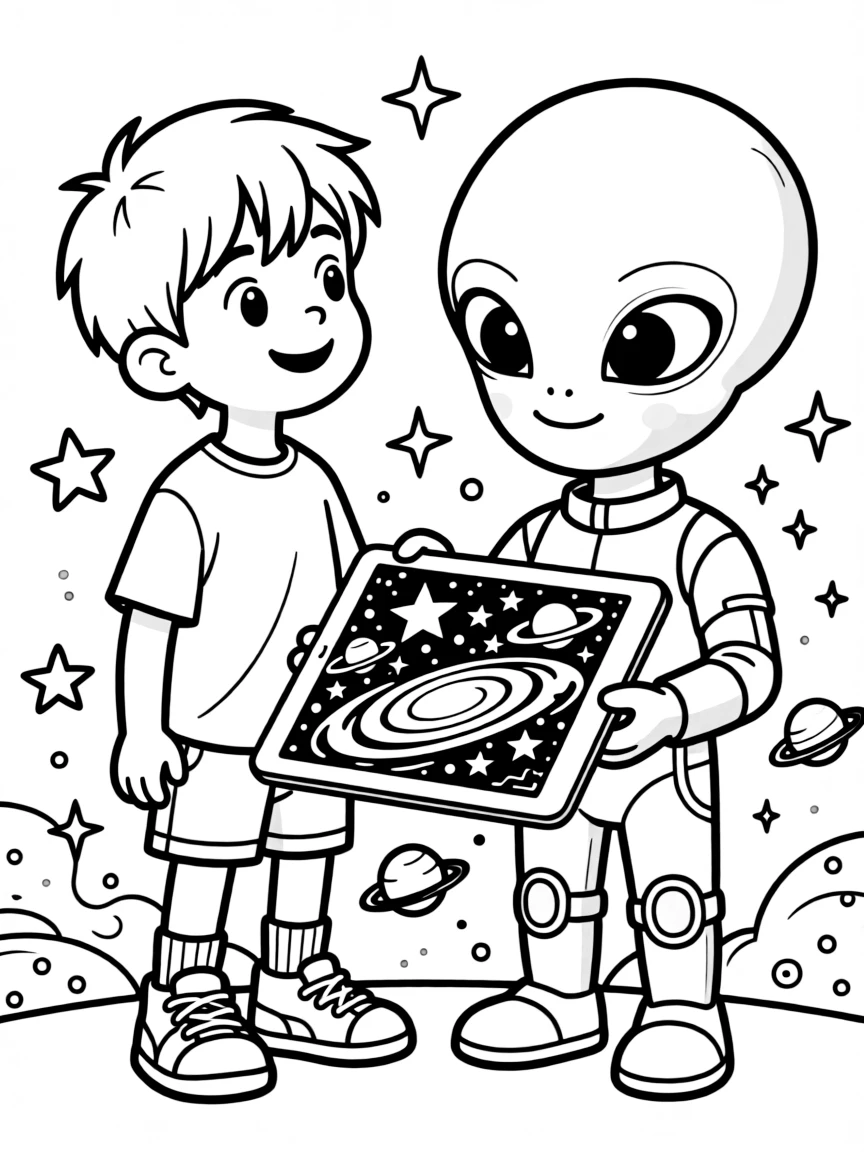 a cheerful young boy meets a friendly alien who shows off a glowing star map of the galaxy.